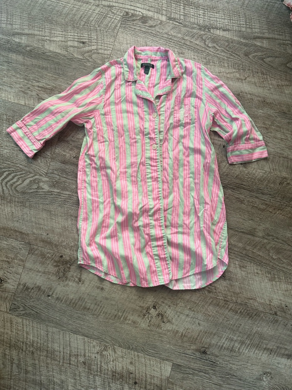 Lauren Ralph Lauren Pink and Green Striped Cotton Sleep Shirt